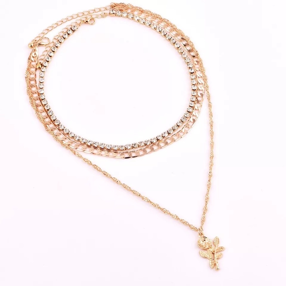 Layered Rose Pendant Rhinestone Gold Necklace - Picture 2 of 8